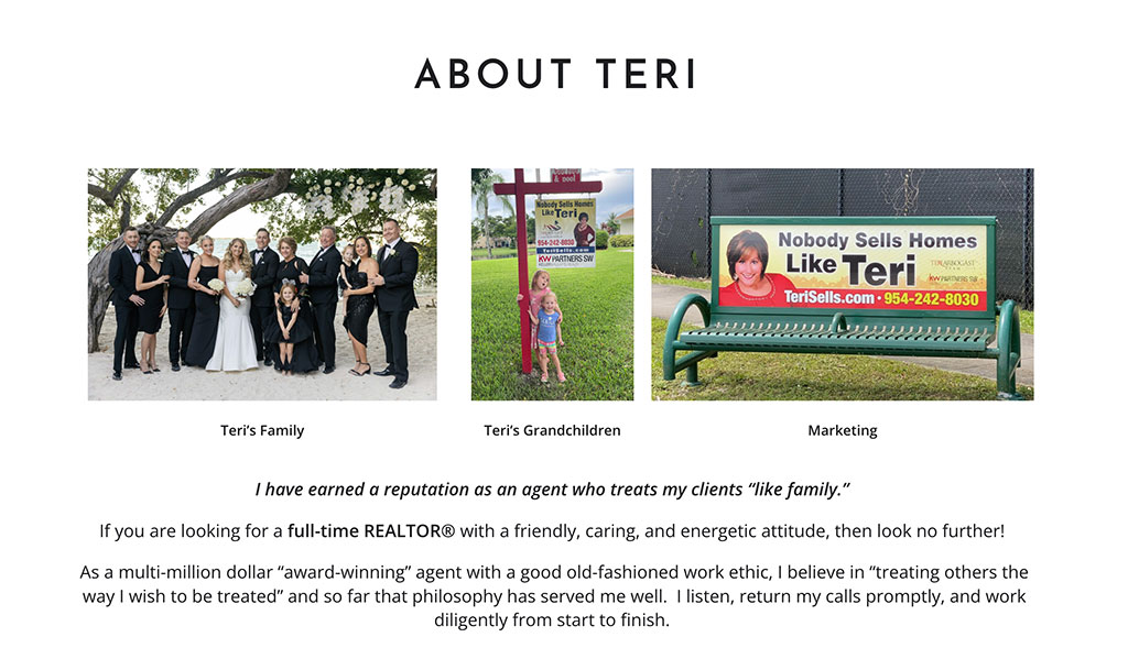 Screenshot of a realtor's about page with cool personal photos