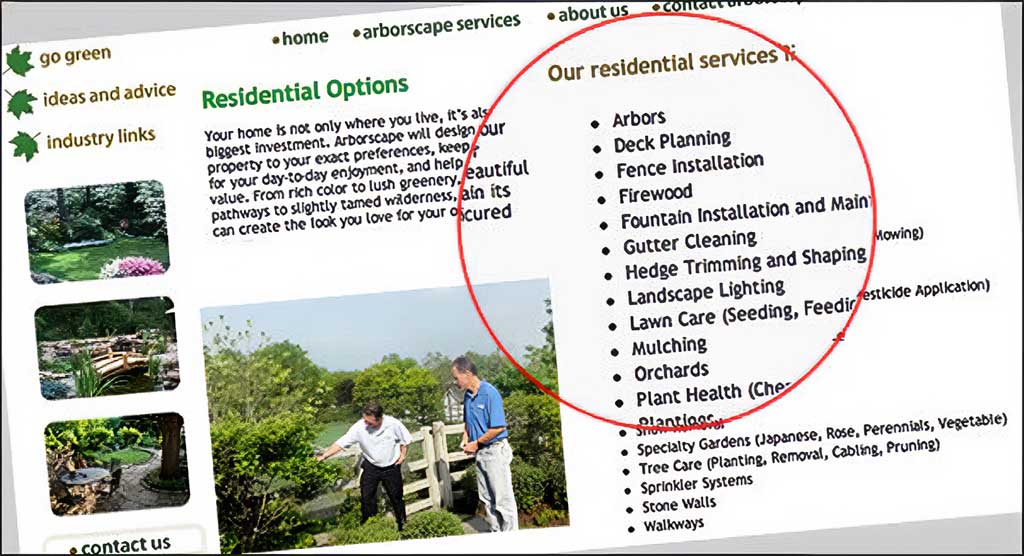 Website showing all services listed on one page without individual landing pages.