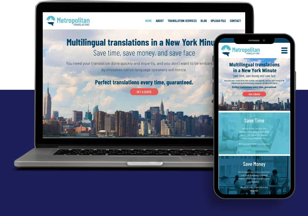 Responsive views of Metropolitan Translations Website.